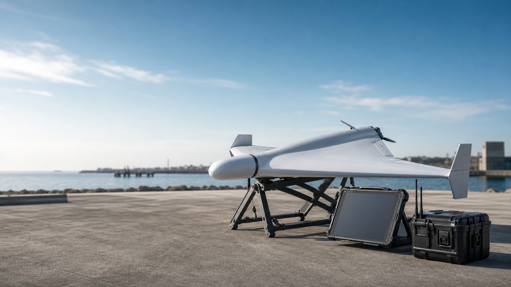 AD-01 fixed-wing autonomous system with field mission-control kit on a coastal test range