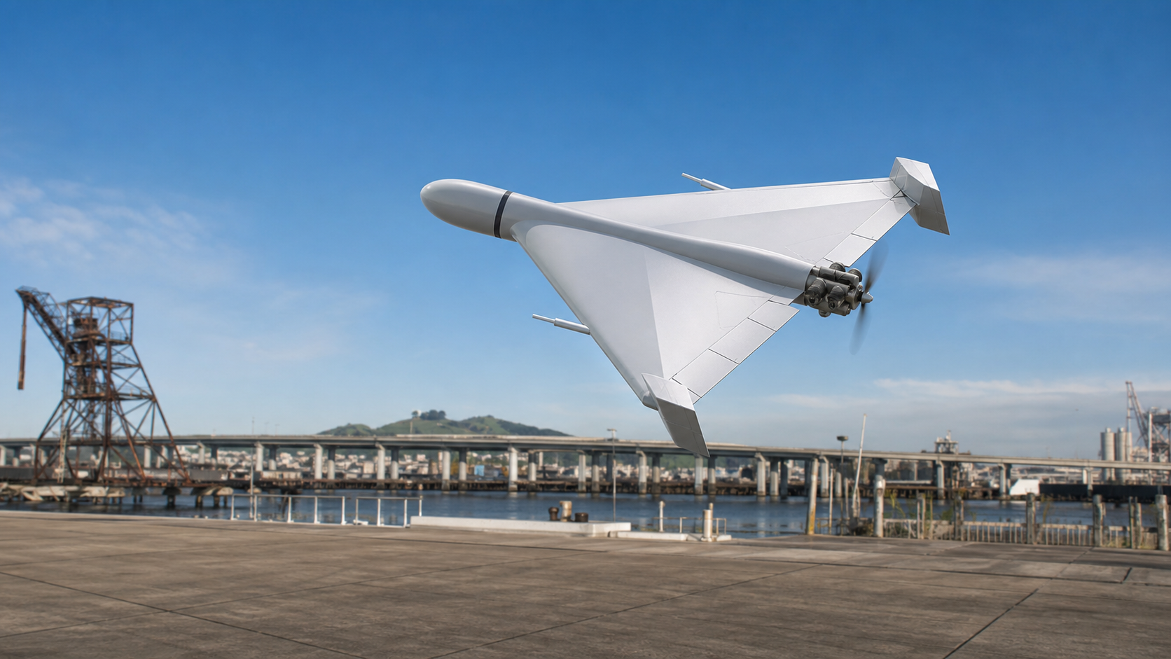 AD-01 attritable fixed-wing autonomous platform in flight over a coastal test range