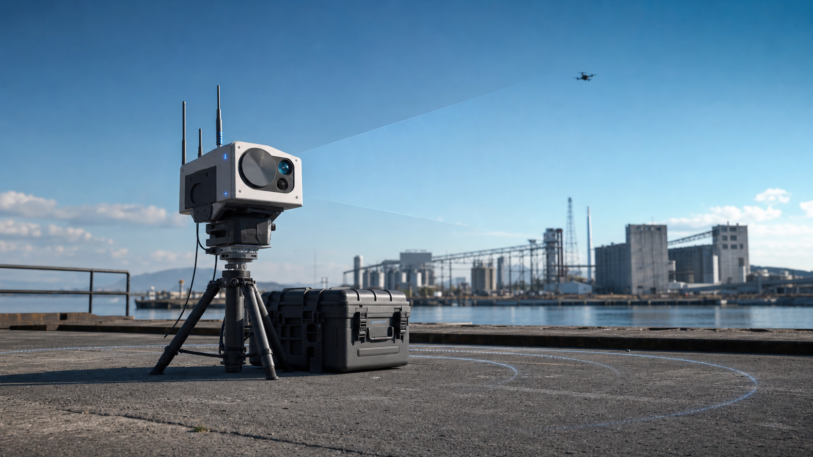 AD-02 counter-FPV sensor system scanning a coastal industrial test range