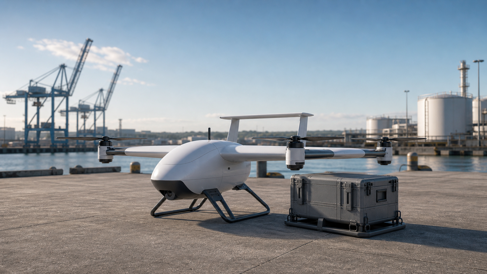 AD-Lift VT hybrid VTOL logistics concept on a coastal industrial pad