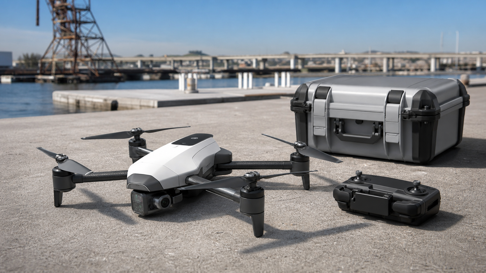 AD-Scout compact quadcopter concept beside a controller and field case