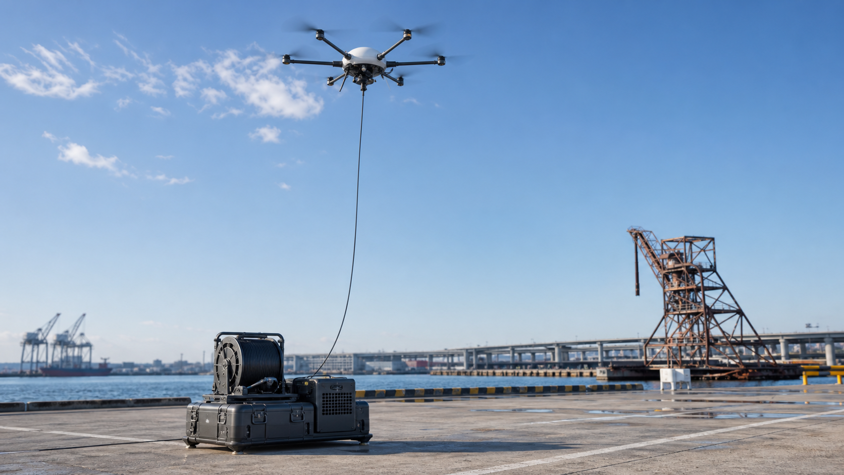 AD-Tether persistent tethered overwatch UAS above a waterfront operating site